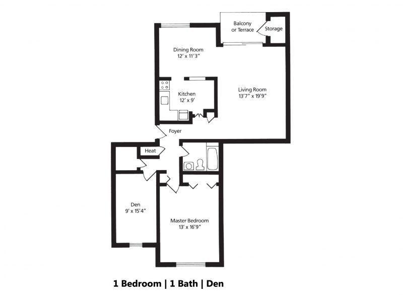 One bedroom with den floor plan