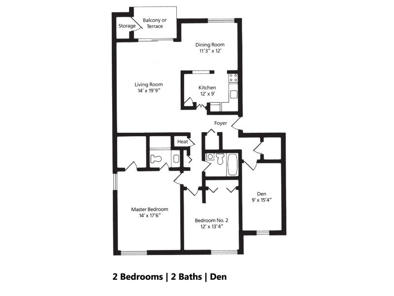 two bedroom floor plan with den